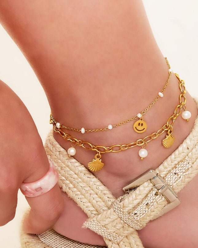 Enkelbandje schelpen en parels - Goud