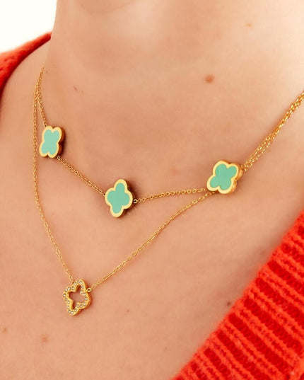 Ketting drie kleurrijke klavers - olijfgroen