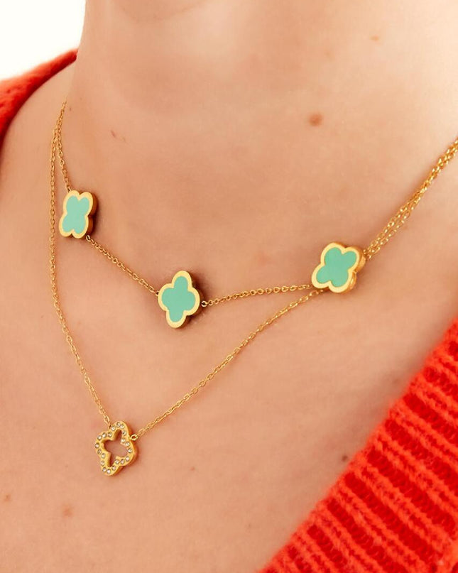 Ketting drie kleurrijke klavers - olijfgroen