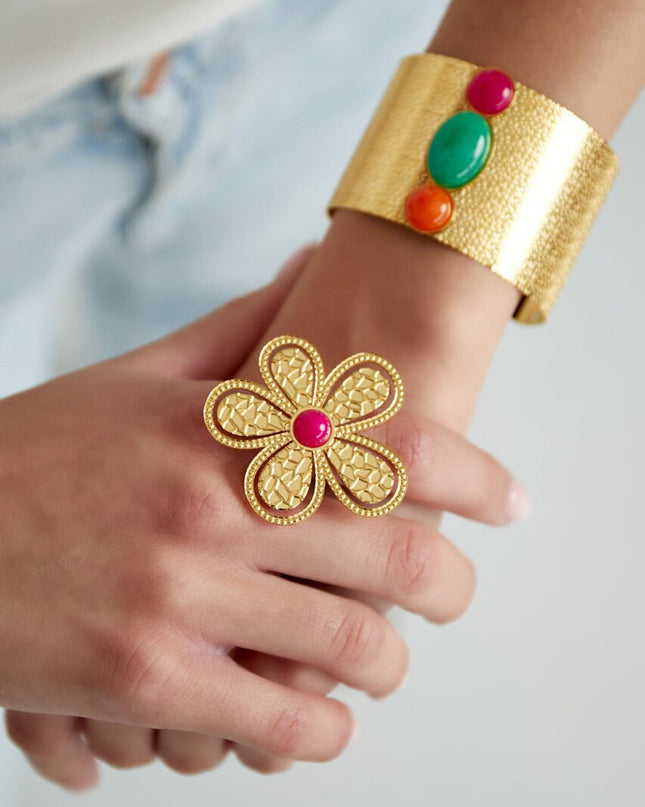 Ring bloem roze steen - Goud