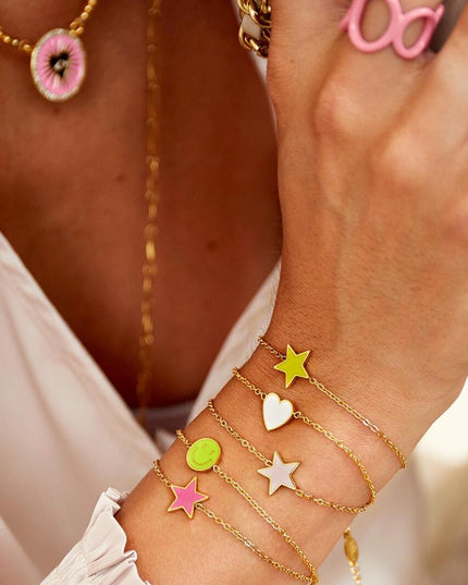 Roestvrijstalen armband met kleurrijke hartbedel paars