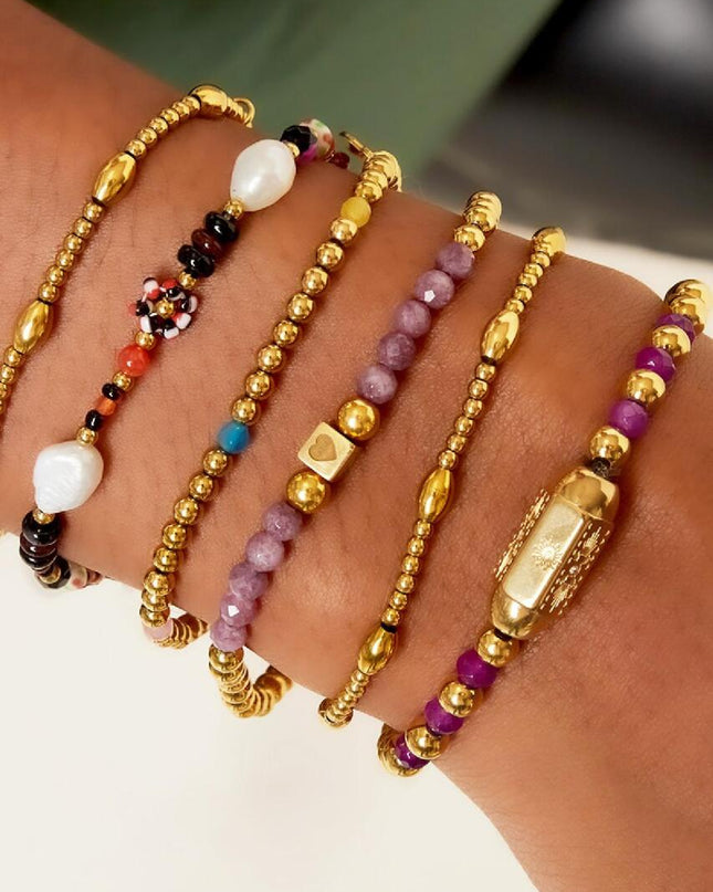 Roestvrijstalen kralenarmband met steentjes Paars Stainless Steel