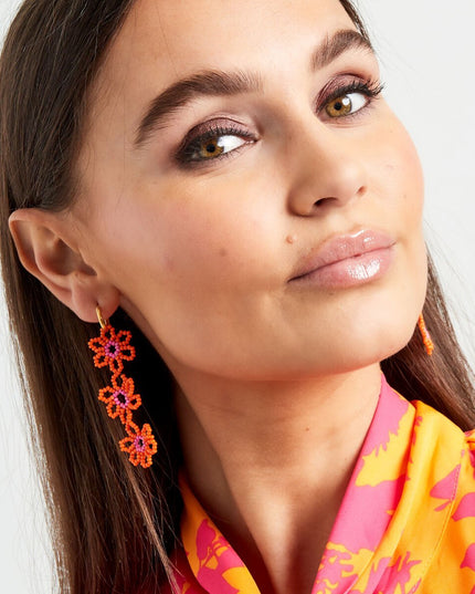 Oorbellen drie bloemen oranje & roze