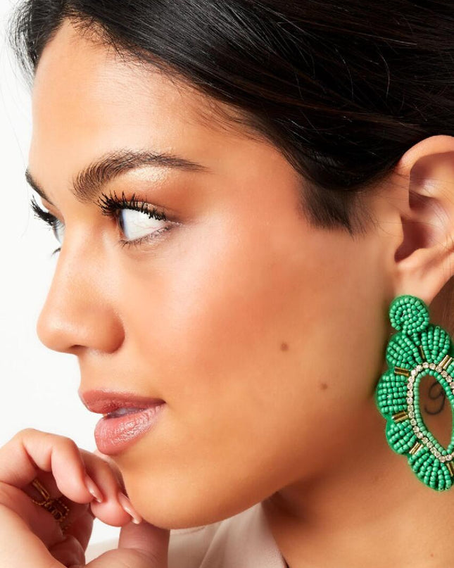 Kralen oorbellen bloem met strass groen