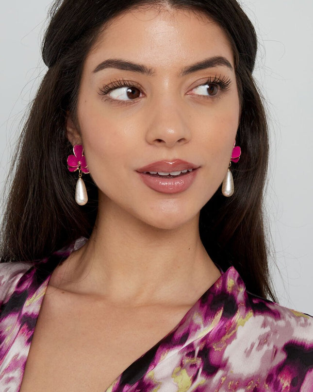 Oorbellen roze bloem met parel - goud