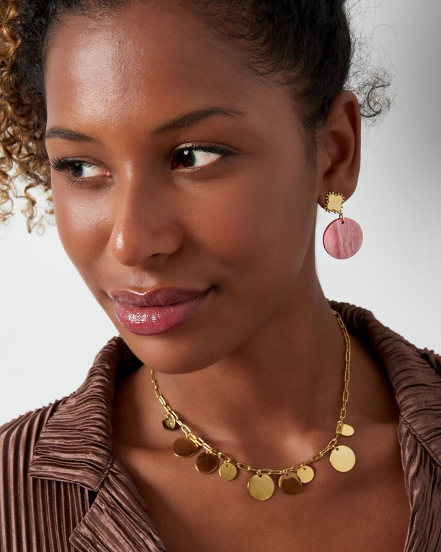 Oorbel klaver en cirkel roze - goud