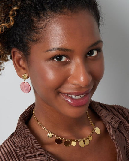 Oorbel klaver en cirkel roze - goud