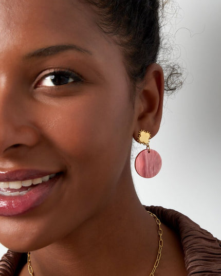 Oorbel klaver en cirkel roze - goud