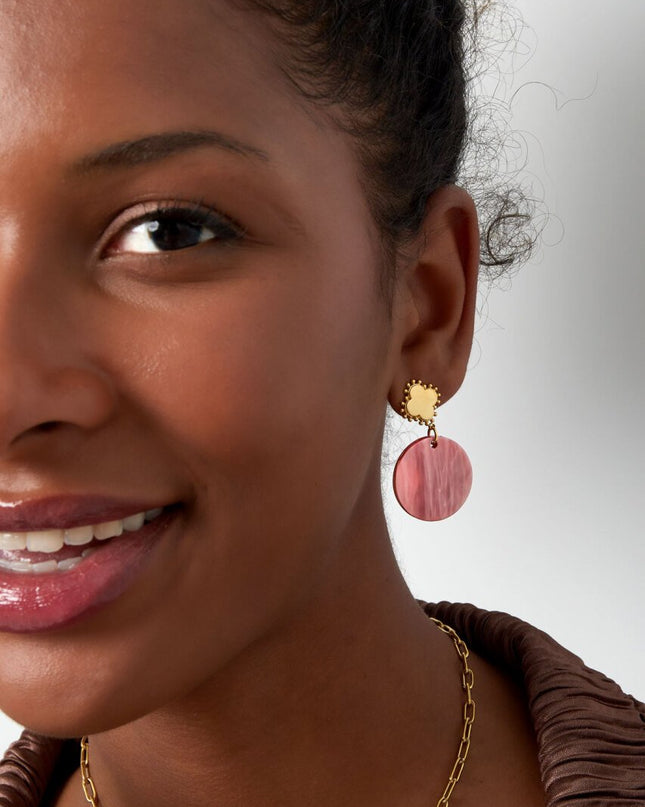 Oorbel klaver en cirkel roze - goud