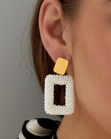 Rechthoek oorbellen met glaskralen - rosé