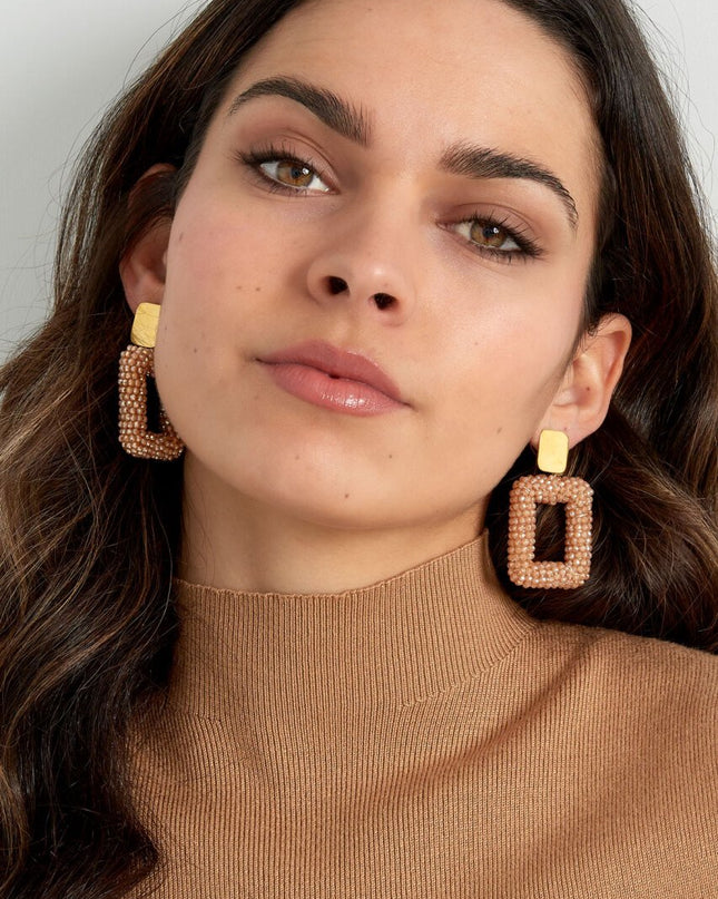 Rechthoek oorbellen met glaskralen - rosé