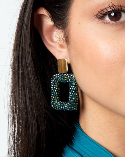 Rechthoek oorbellen met glaskralen - fuchsia