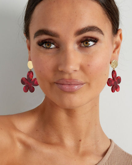 Oorbellen bloem met print - goud/fuchsia