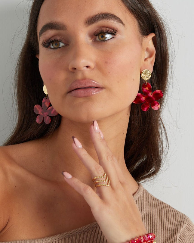 Oorbellen bloem met print - goud/paars