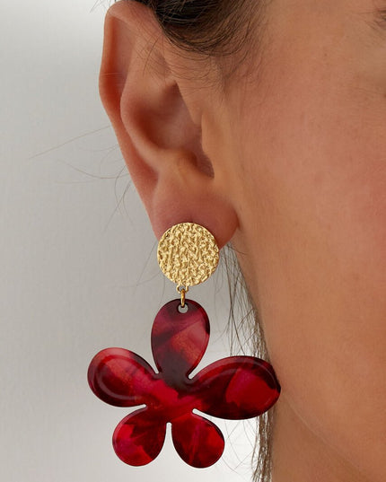 Oorbellen bloem met print - goud/paars