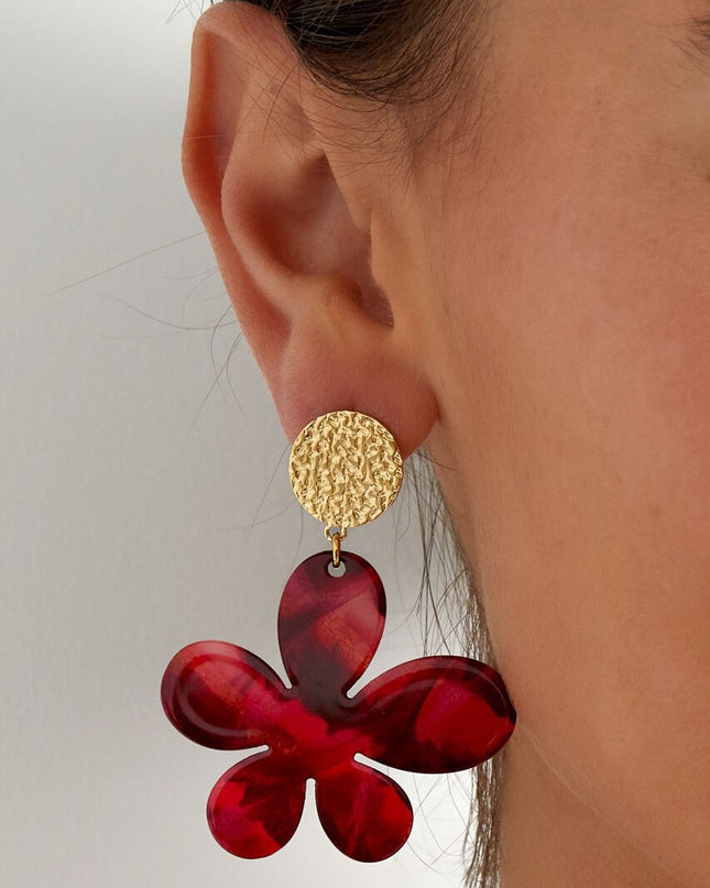 Oorbellen bloem met print - goud/paars