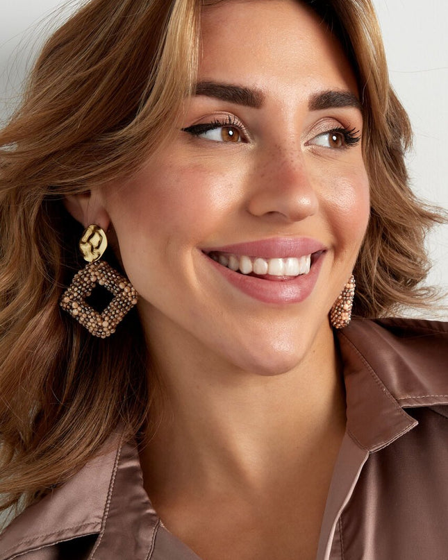 Oorbel glaskralen ruit - Fuchsia