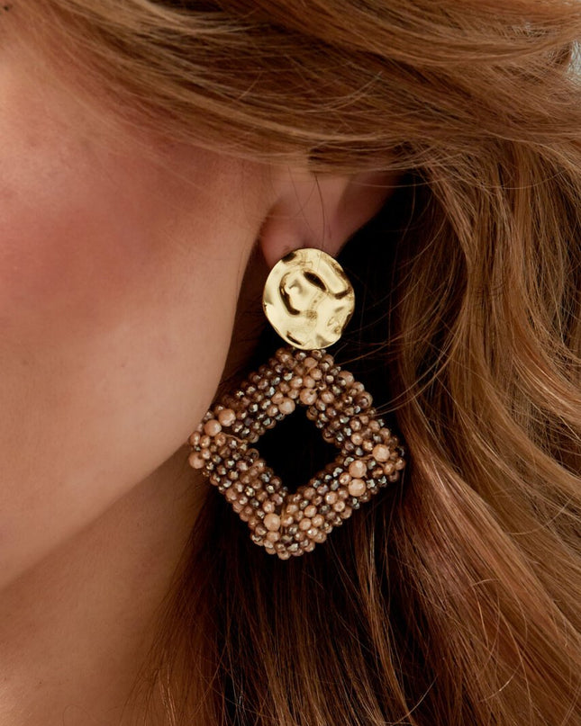 Oorbel glaskralen ruit - Fuchsia