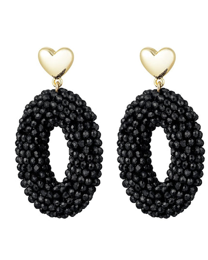 Oorbellen ovaal met kralen en hart detail zwart