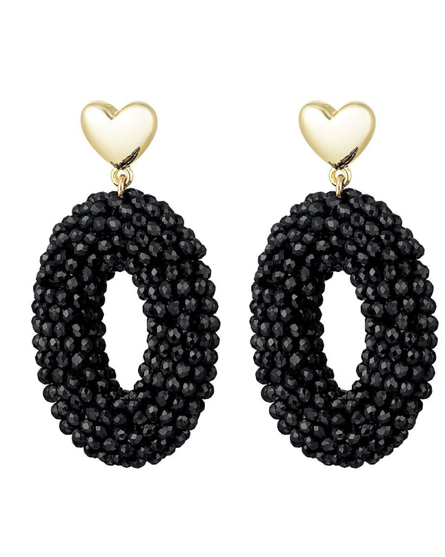 Oorbellen ovaal met kralen en hart detail zwart