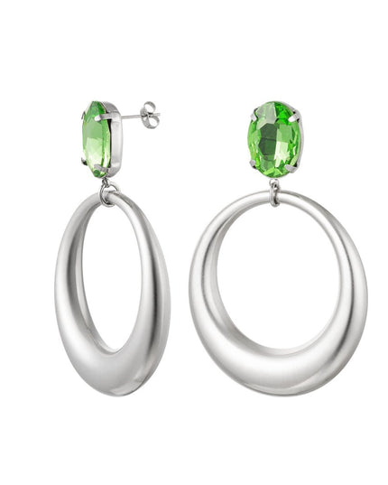 Creolen met glaskraal - groen/zilver Stainless Steel