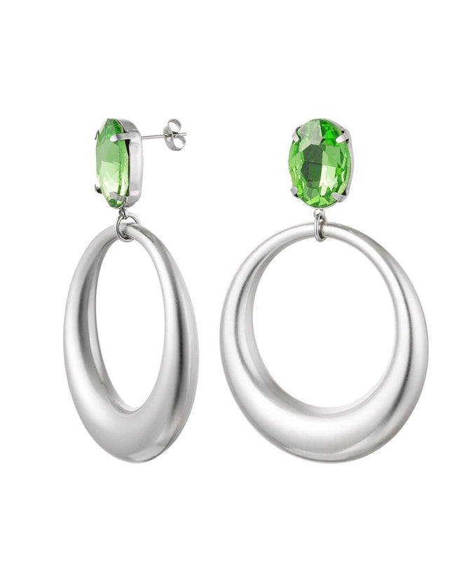 Creolen met glaskraal - groen/zilver Stainless Steel