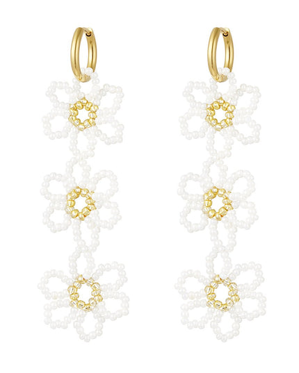 Oorbellen drie bloemen wit & goud