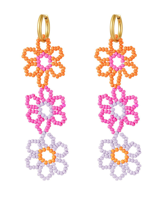 Oorbellen drie bloemen oranje, roze & lila