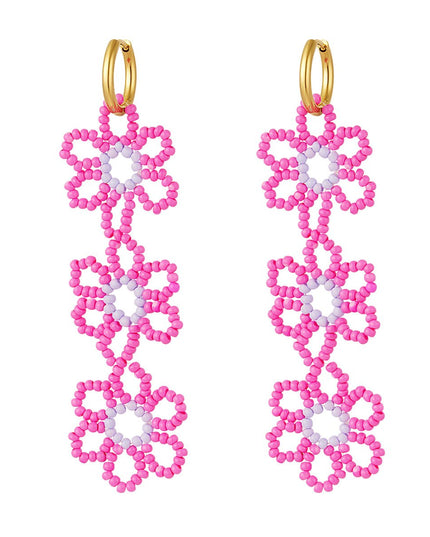 Oorbellen drie bloemen roze & lila