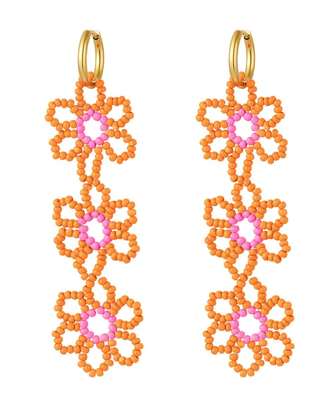 Oorbellen drie bloemen oranje & roze
