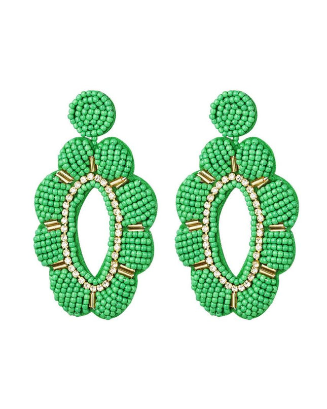 Kralen oorbellen bloem met strass groen
