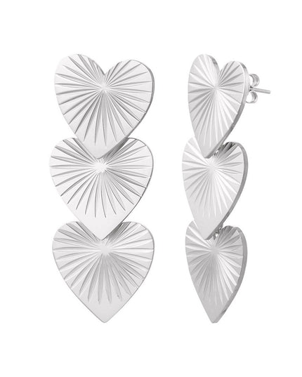Oorbellen 3 hartjes met print - zilver