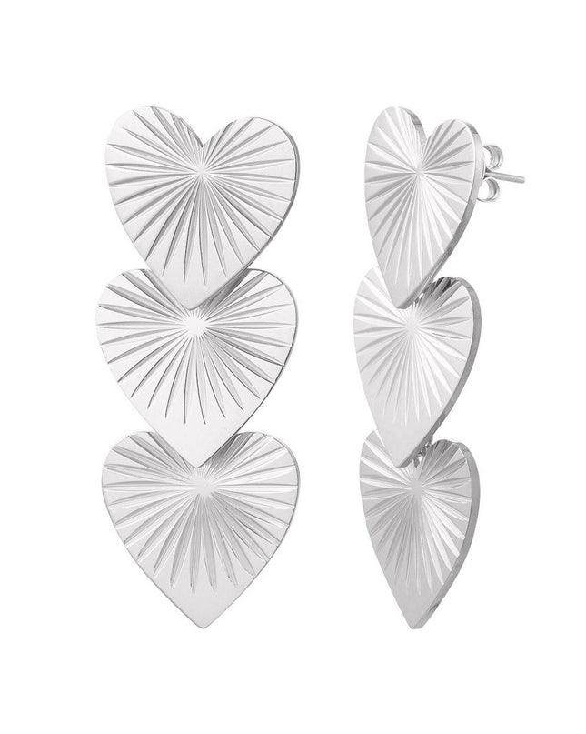 Oorbellen 3 hartjes met print - zilver