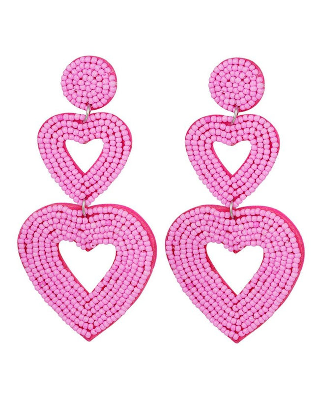 Dubbele hart oorbellen fuchsia Glas