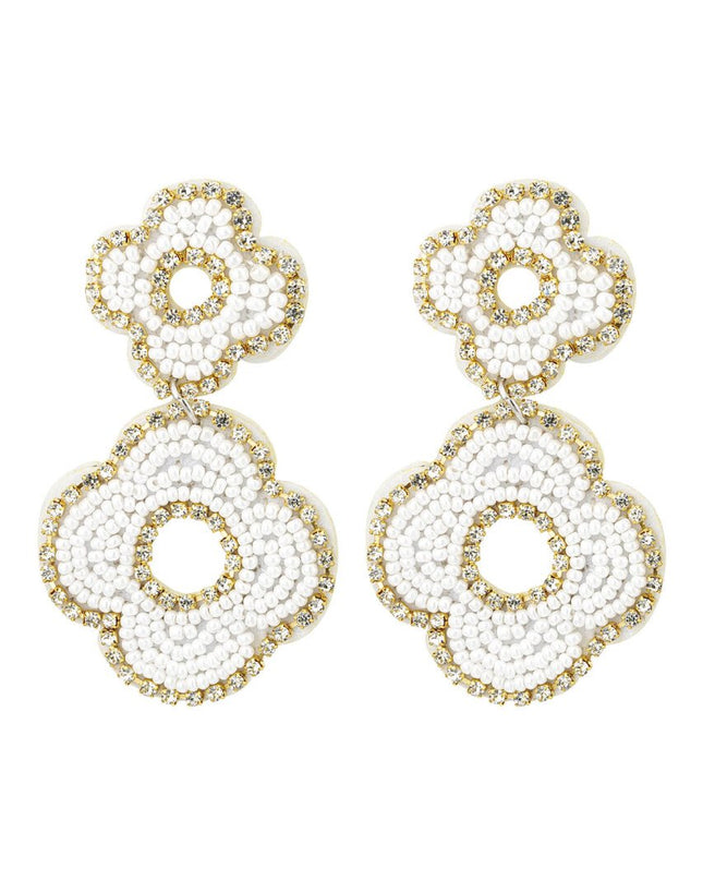 Oorbellen kralen dubbele bloem - wit Crème Glas