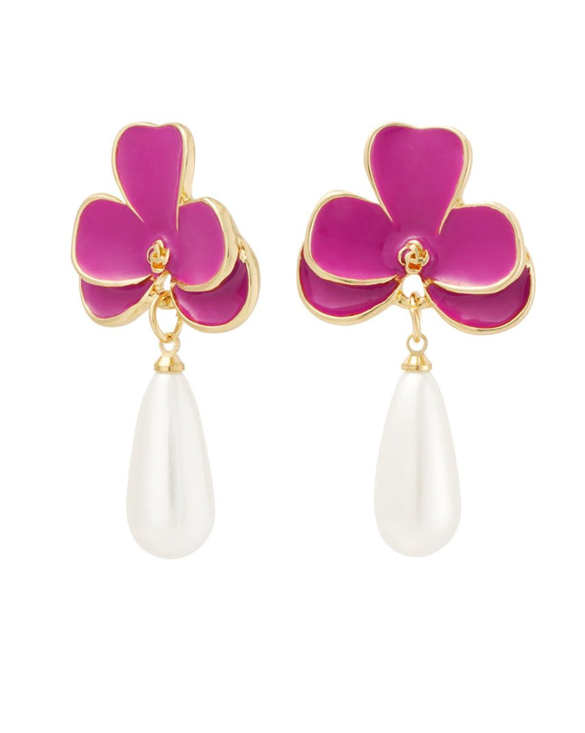 Oorbellen roze bloem met parel - goud