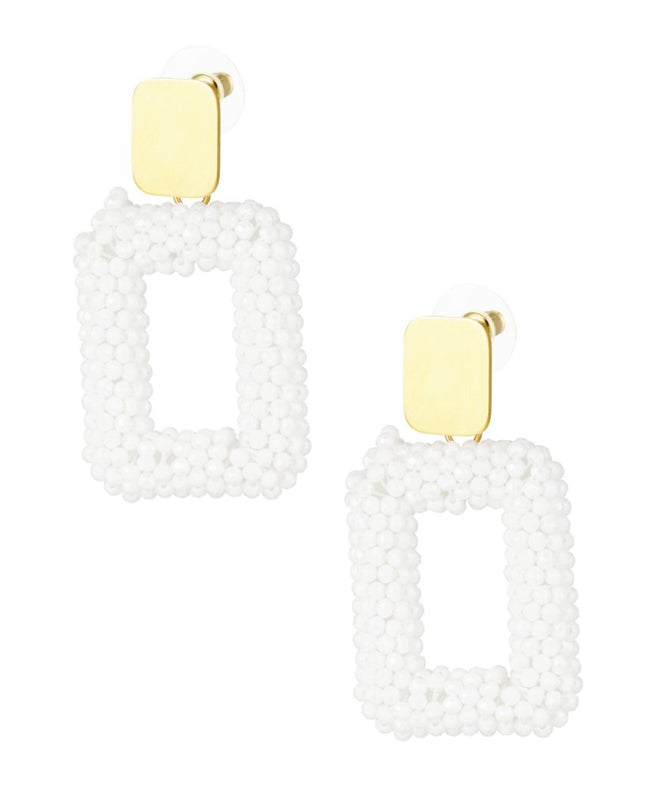 Rechthoek oorbellen met glaskralen - wit