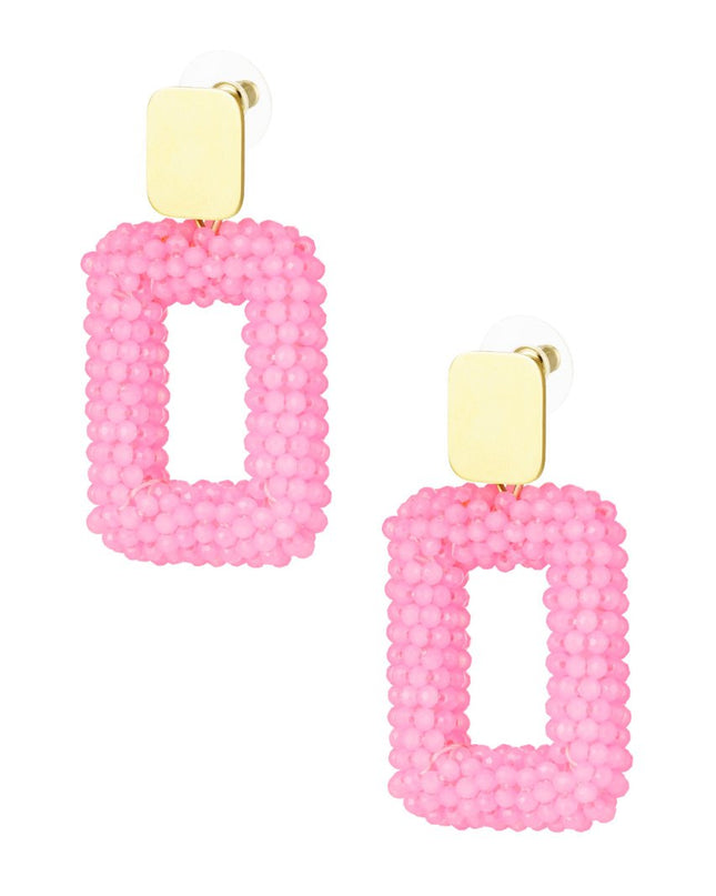 Rechthoek oorbellen met glaskralen - roze