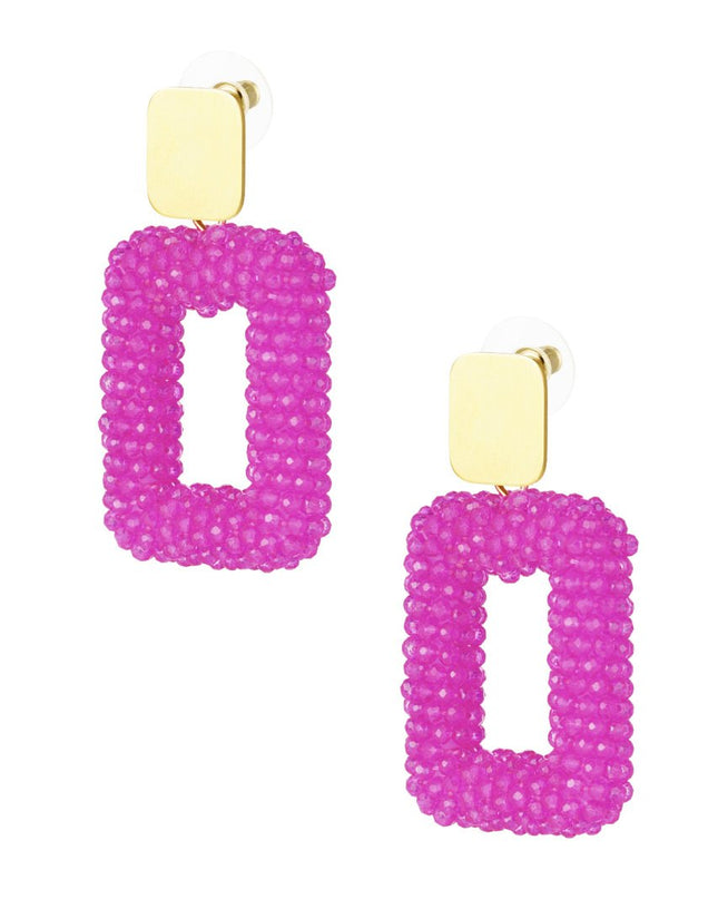 Rechthoek oorbellen met glaskralen - rosé