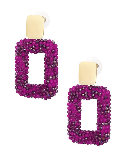 Rechthoek oorbellen met glaskralen - fuchsia
