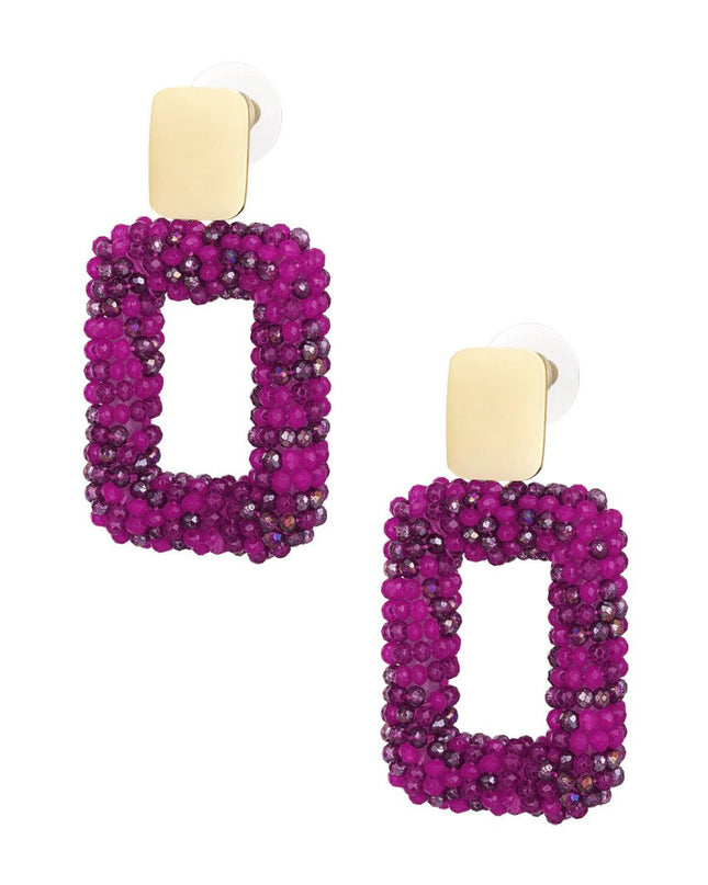 Rechthoek oorbellen met glaskralen - fuchsia