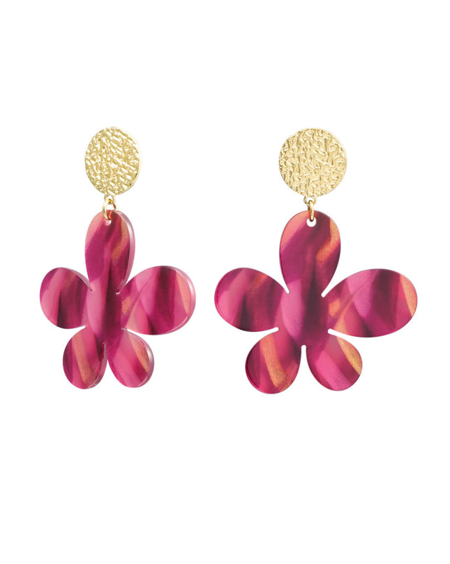 Oorbellen bloem met print - goud/fuchsia