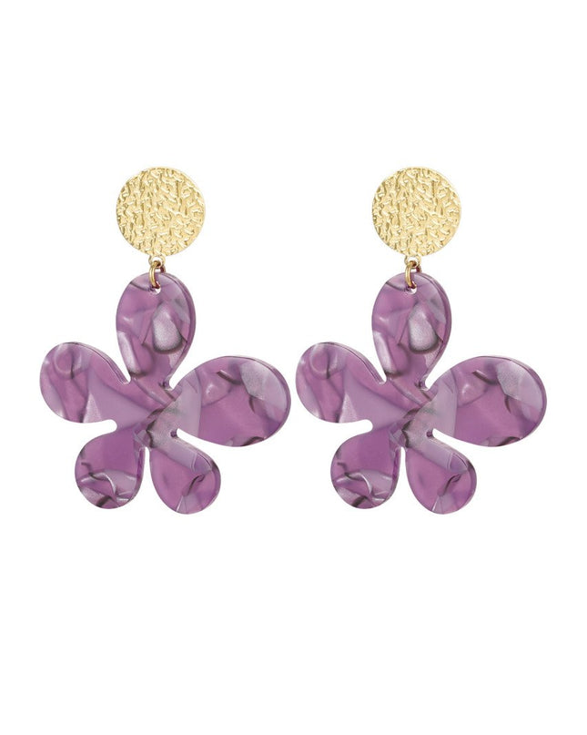 Oorbellen bloem met print - goud/paars