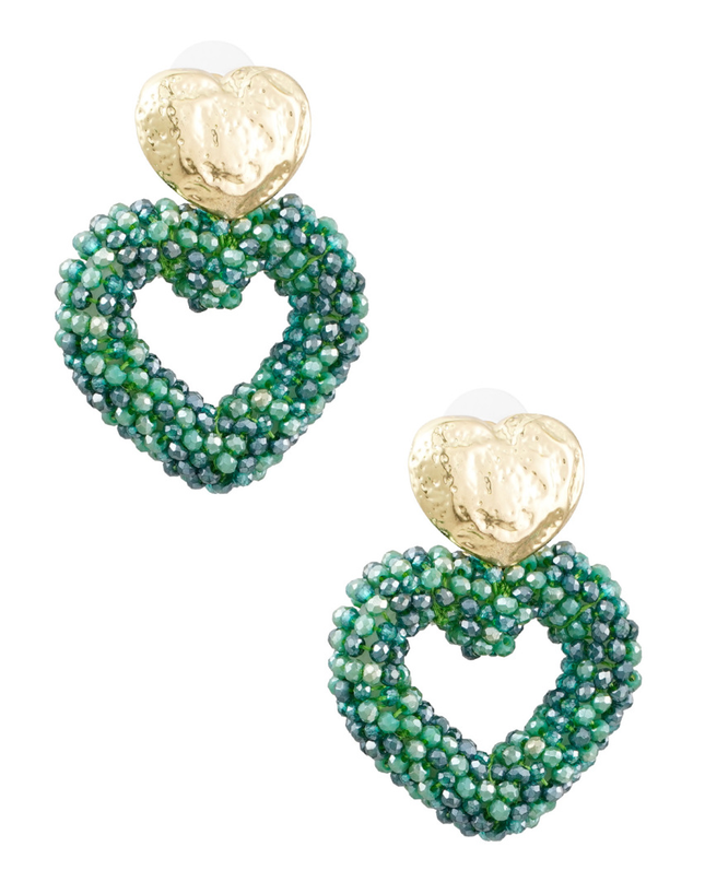 Oorbellen hart van kraaltjes - goud/groen