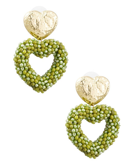 Oorbellen hart van kraaltjes - goud/lichtgroen