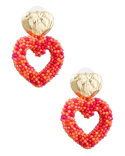 Oorbellen hart van kraaltjes - goud/oranje/rood