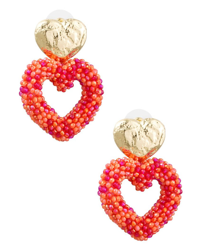 Oorbellen hart van kraaltjes - goud/oranje/rood