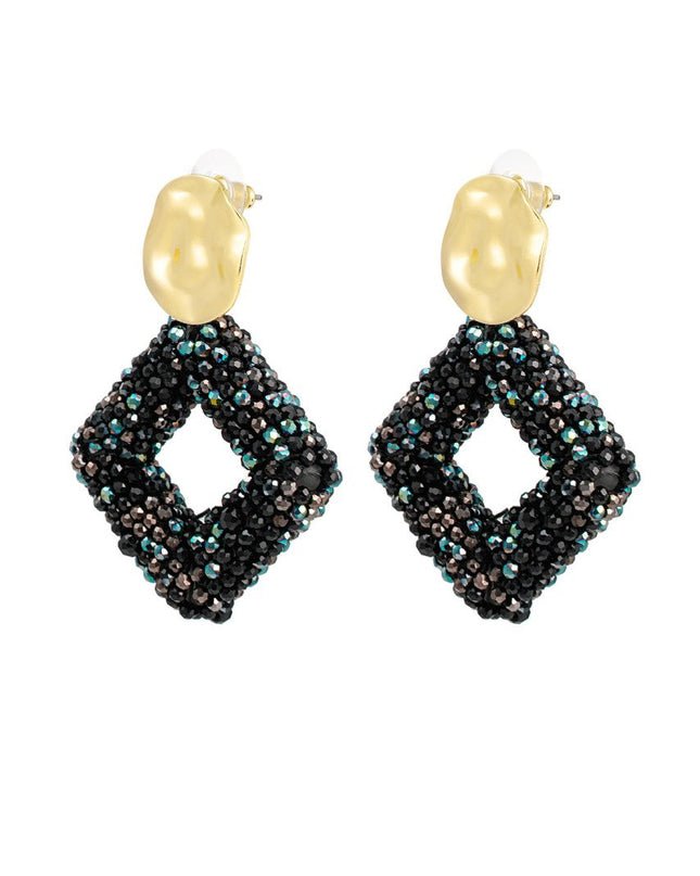 Oorbel glaskralen ruit - Zwart Goud