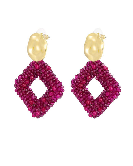 Oorbel glaskralen ruit - Fuchsia