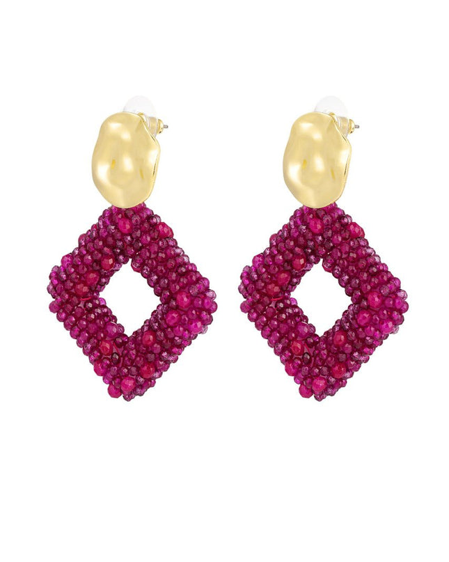 Oorbel glaskralen ruit - Fuchsia